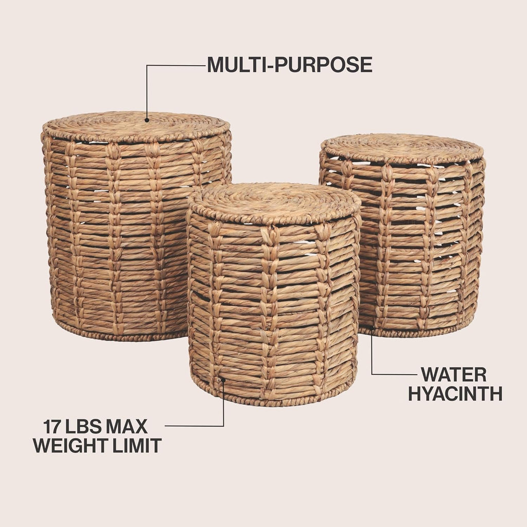 JONATHAN Y Zaria Water Hyacinth and Iron 3-Piece Nesting Table for Living Room with Drum Silhouette, Coastal Round Handwoven Side Tables, Natural TBL2503A-3SET