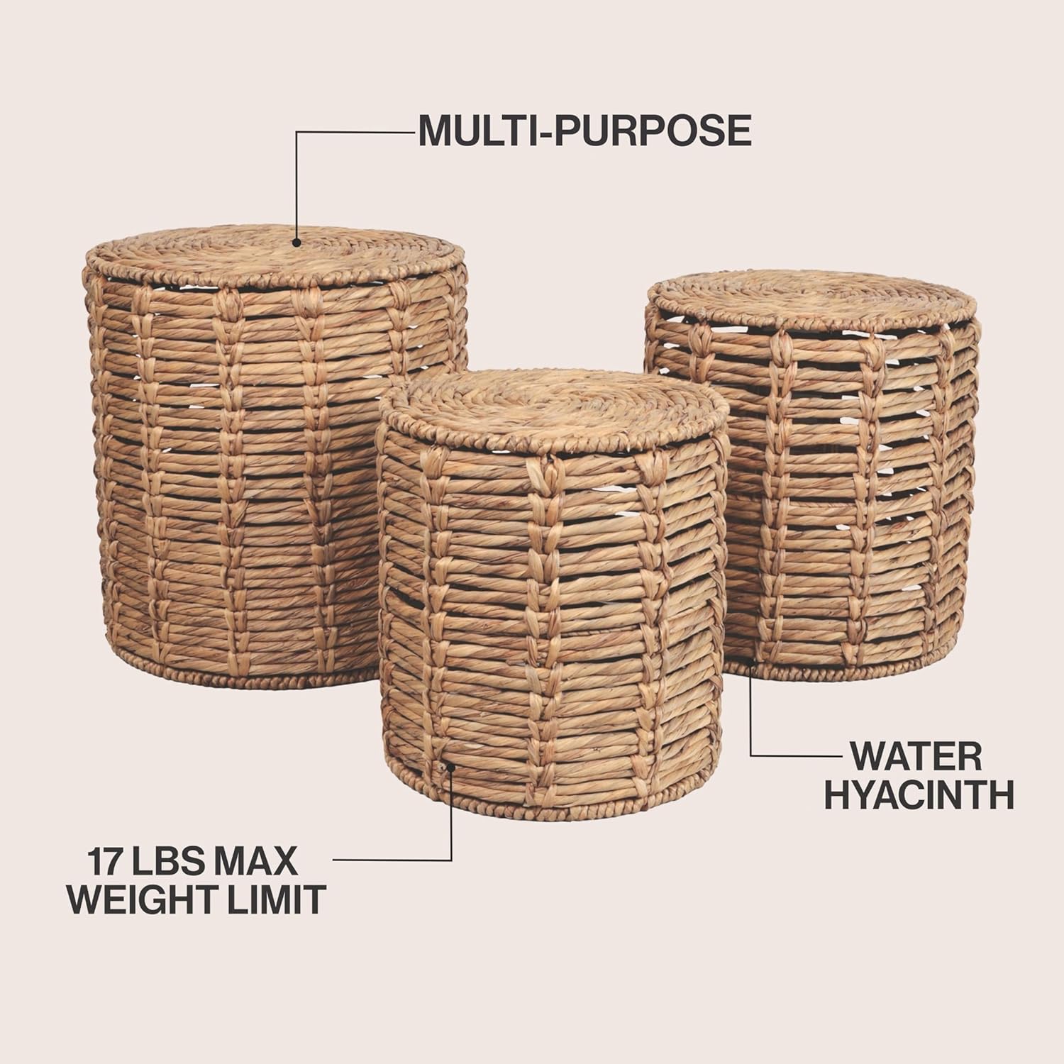 JONATHAN Y Zaria Water Hyacinth and Iron 3-Piece Nesting Table for Living Room with Drum Silhouette, Coastal Round Handwoven Side Tables, Natural TBL2503A-3SET