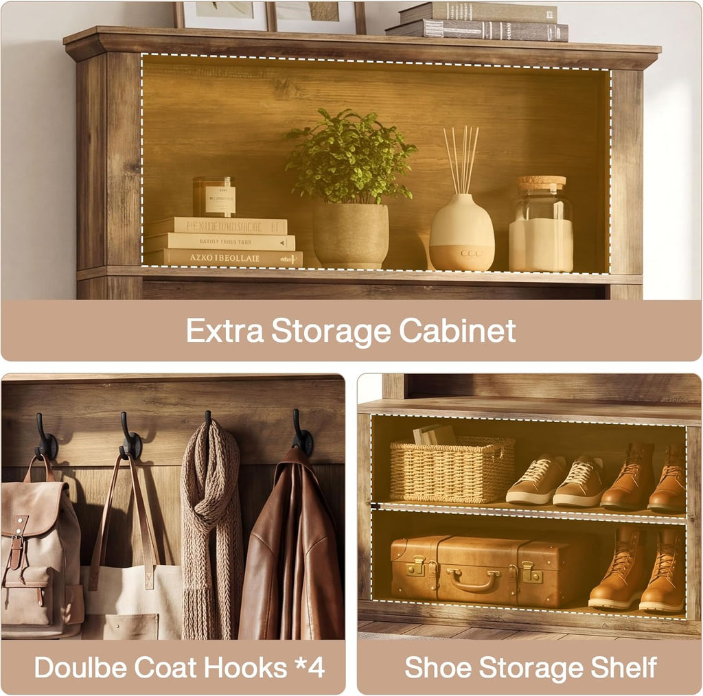 Tribesigns Hall Tree with Bench and Shoe Storage, 70.89" Tall Hall Tree with Coat Hooks, Open Shoe Shelves and Top Display Shelf, Entryway Coat Rack for Mudroom, Hallway, Bedroom, Rustic Brown