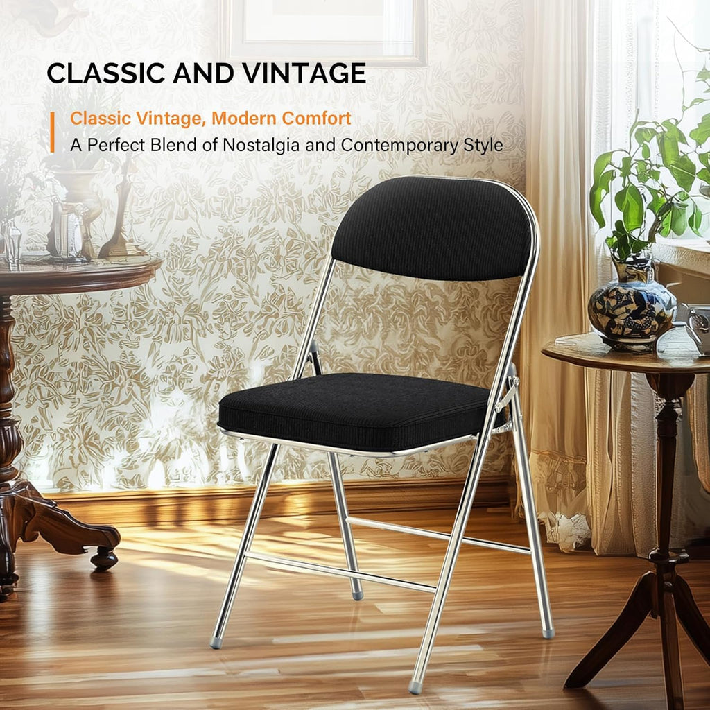 VINGLI 4 Pack Folding Chairs with Padded Seat & Backrest, Metal Frame, Durable Corduroy Fabric, 350 lbs Capacity, Set of 4, Black – Ideal for Weddings, Parties, Office Events