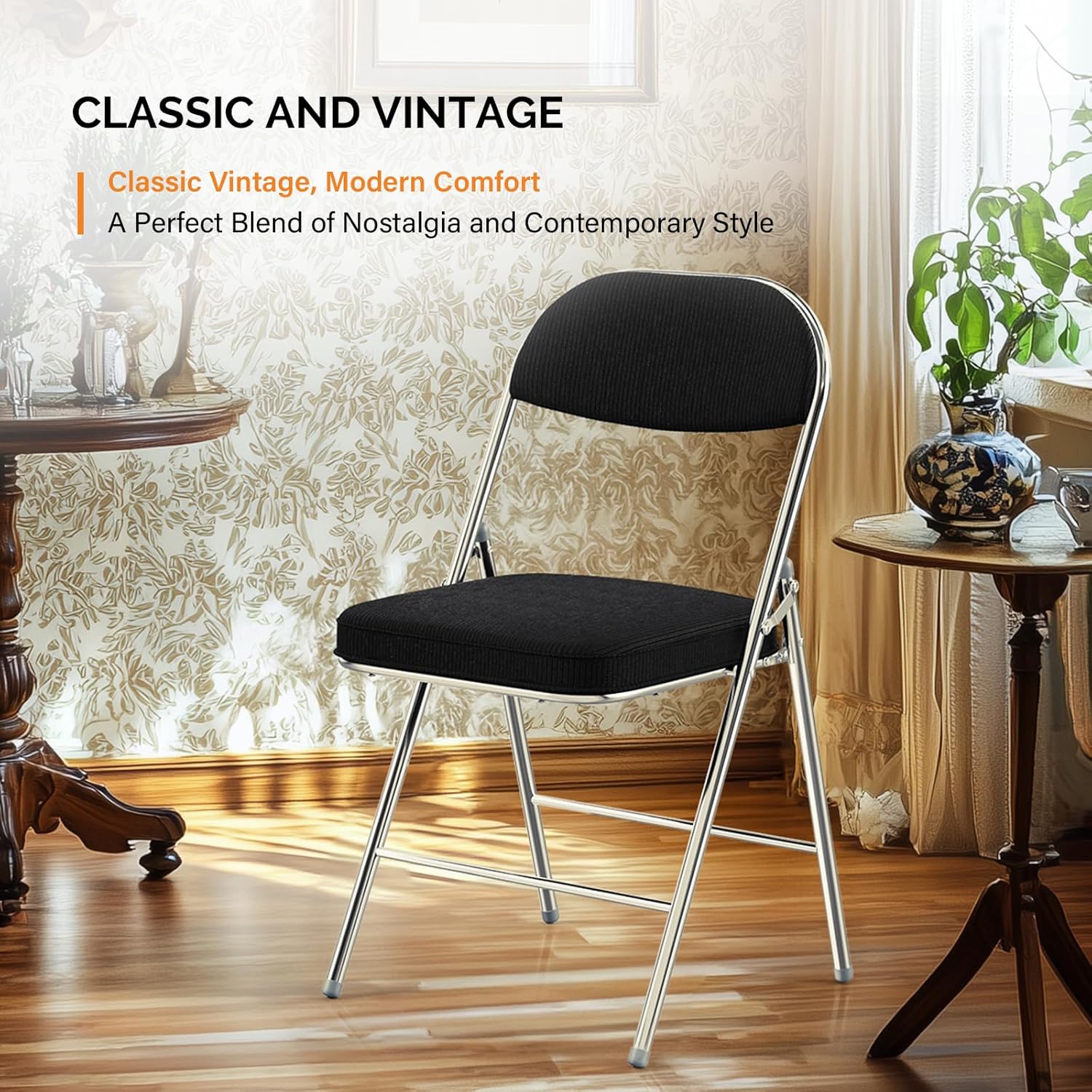 VINGLI 4 Pack Folding Chairs with Padded Seat & Backrest, Metal Frame, Durable Corduroy Fabric, 350 lbs Capacity, Set of 4, Black – Ideal for Weddings, Parties, Office Events