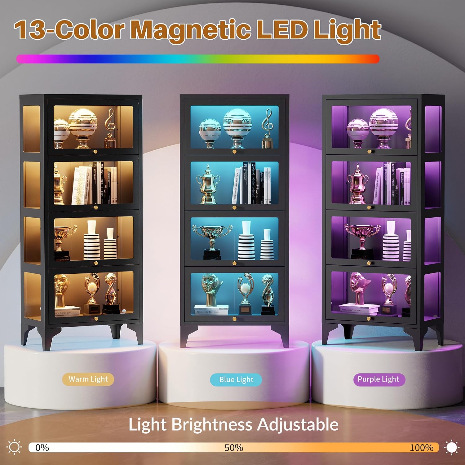 4 Tier Glass Display Cabinet with Flip-Up Doors, 55" Curio Cabinet with 13-Color LED Lights, 3-Side Tempered Glass Metal Display Cabinet for Books, Figures, Collectibles, Black