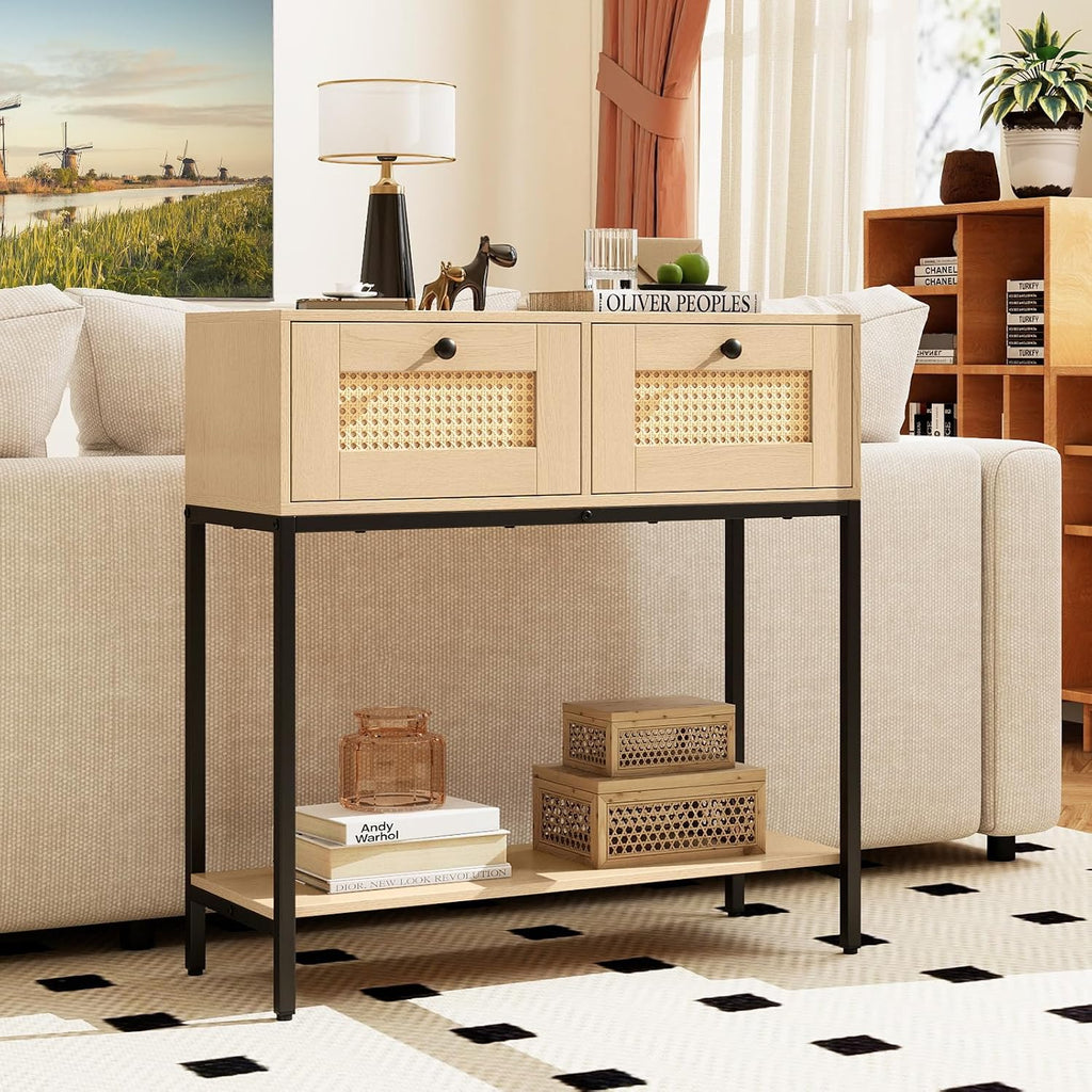 GOFLAME Rattan Console Table, Boho Entryway Table with 2 Drawers & Open Storage Shelf, Narrow Long Sofa Table with Metal Legs, Foyer Table Behind Couch Table for Living Room, Hallway, Natural