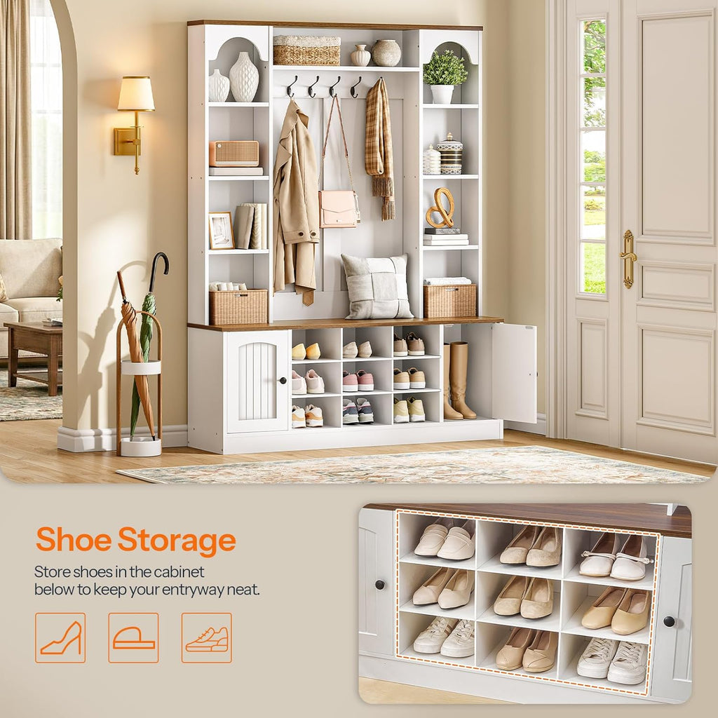 HOOBRO Hall Tree with Bench and Shoe Storage, 51" Entryway Bench with Coat Rack, Farmhouse Entryway Organizer with 5 Hooks, 8 Open Compartments, 9 Shoe Cubbies, for Hallway, White and Walnut WH180MT01