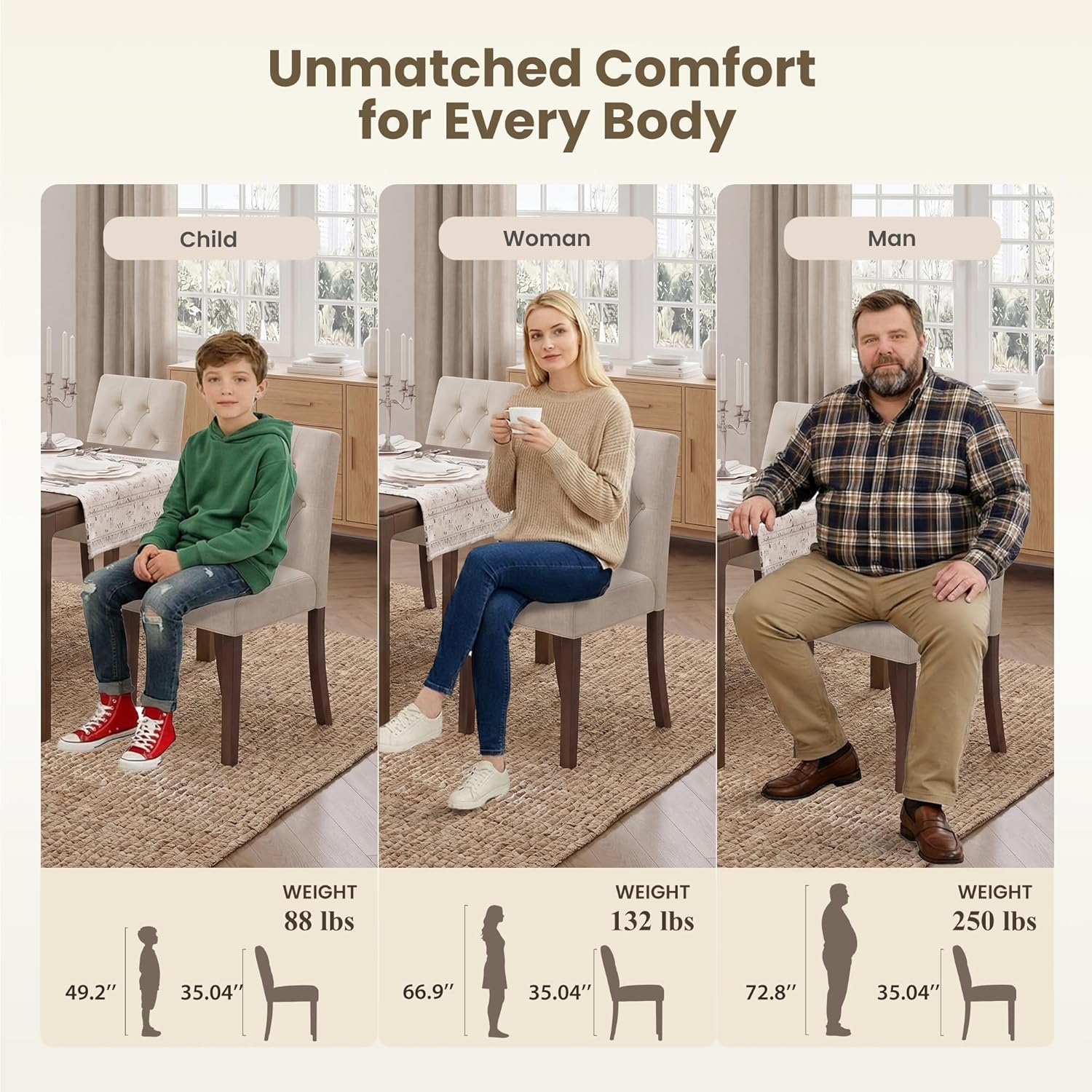 Upholstered Dining Chairs Set of 4 - Modern Parsons Kitchen & Dining Room Chair with Diamond Tufted Back, Solid Wooden Legs for Apartment, Café, Vanity