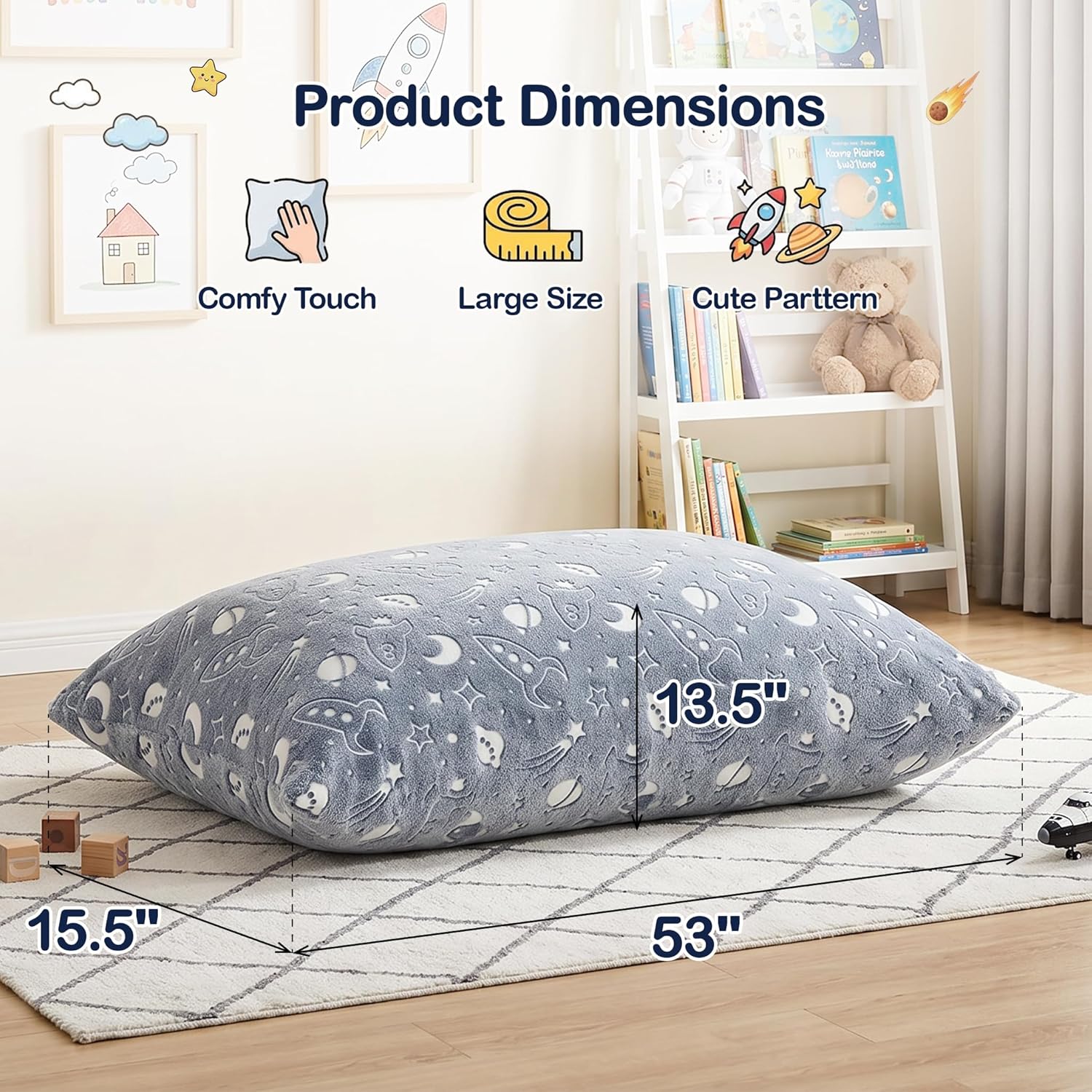 BRINJOY Kids Bean Bag Chair Bed, 3 in 1 Memory Foam Filled Bean Bag Sofa with Removable Cover for Playroom Daycare Bedroom, Toddlers Lazy Floor Mattress Lounger for Boys Girls, Spaceship