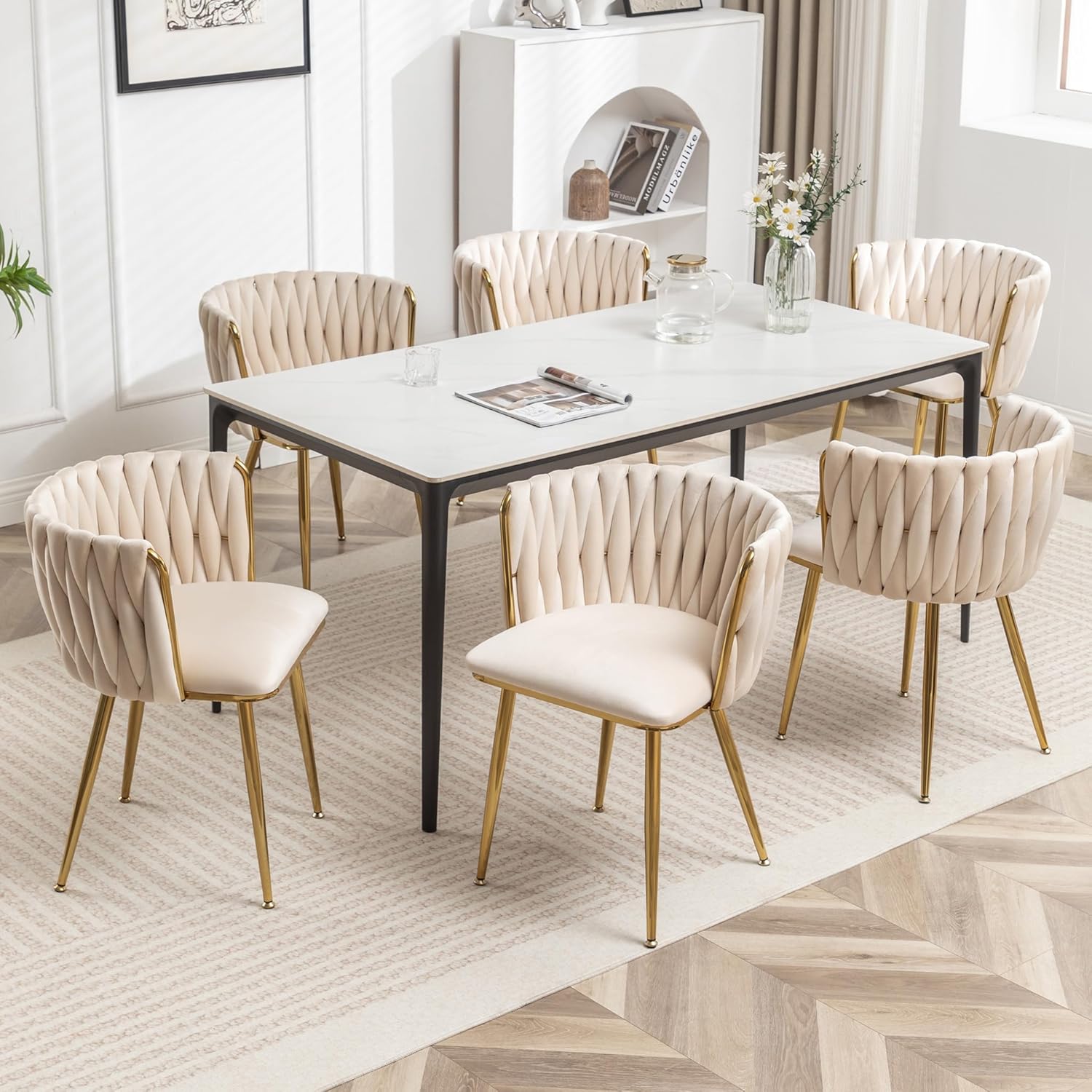 Dining Chairs Set of 6 Upholstered Dining Room Chairs Comfy Velvet Accent Chairs with Gold Metal Legs and Woven Back for Dining Room Kitchen Living Room (Beige)