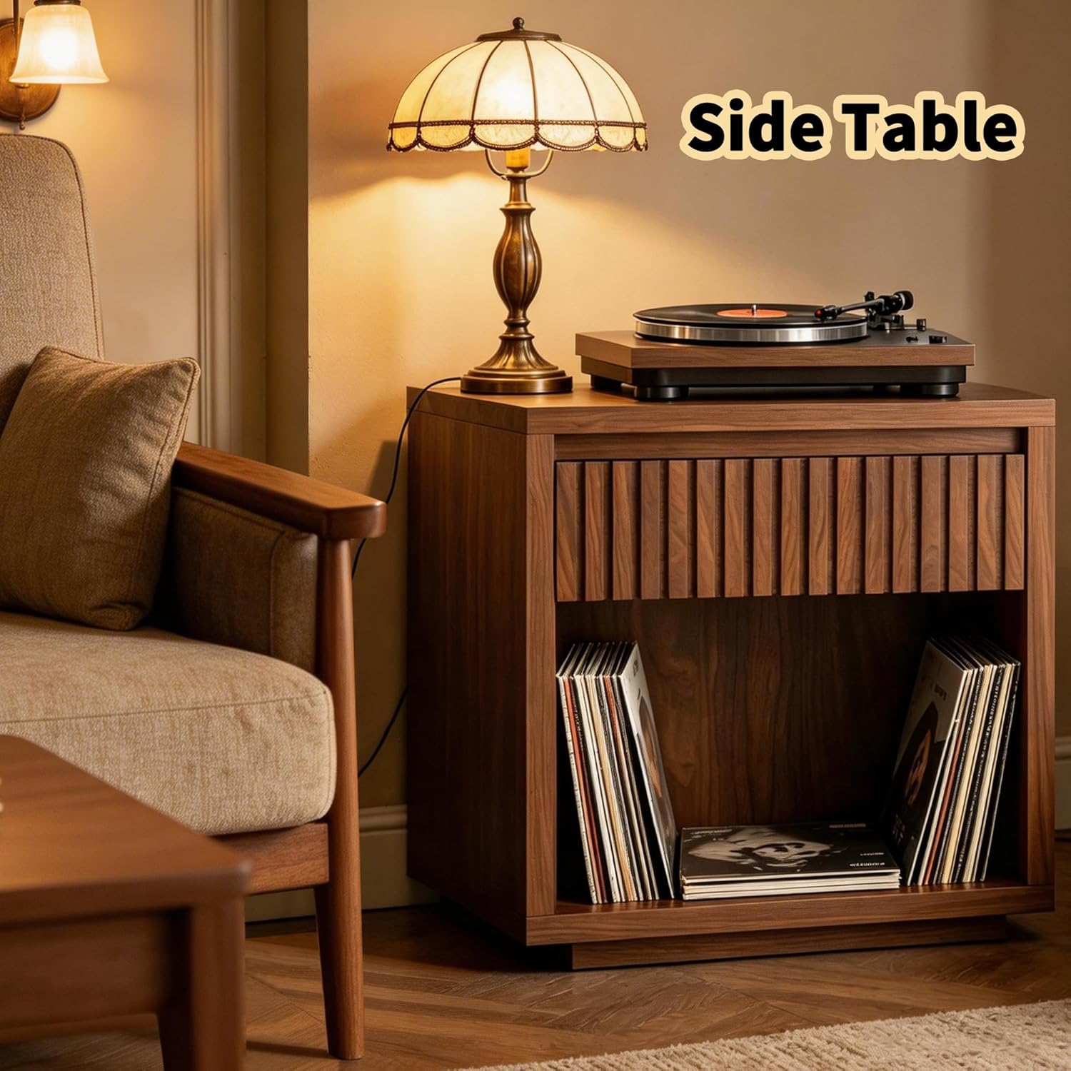 Record Player Stand, Vinyl Record Player Stand Holds Up to 170 Albums with Drawer and Storage Shelf, Turntable Stand for Living Room, Walnut