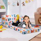 COSTWAY Kids Sofa, 2-in-1 Convertible Sofa to Lounger for Children with Side Storage Pocket, Flip Open Couch with Cut Patterns, Lightweight Toddler Furniture for Boys Girls (Alphabet)
