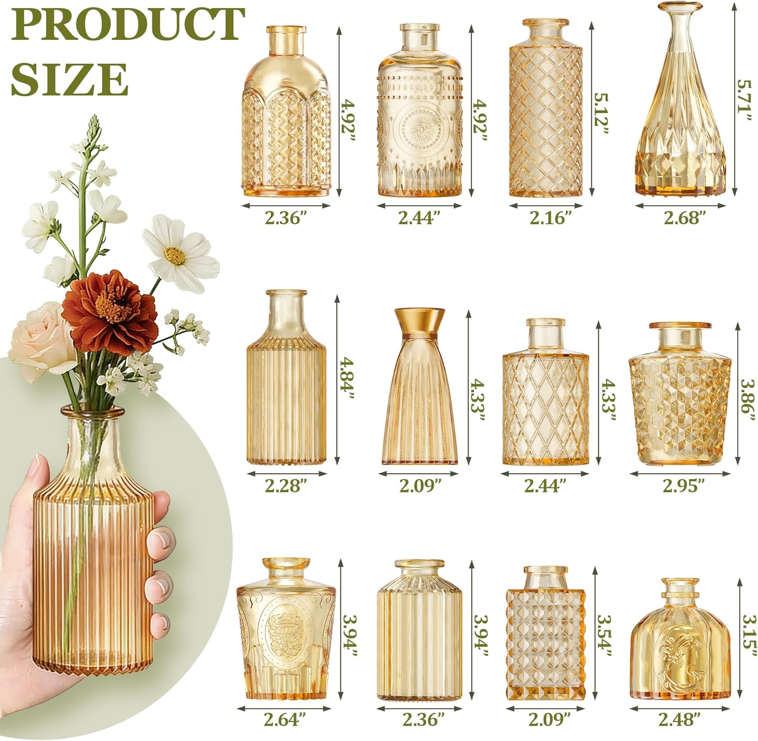12 Pcs Clear Bud Vases Set, Small Vintage Glass Clear Bud Flower Vases Bulk Multiple Shape Cute Mini Glass Bottles Vases for Rustic Wedding Centerpieces Table Decorations and Home Decor (12, Gold)