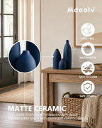 Mdaolv Matte Blue Vase Set Navy Blue Decor Coastal Decor Vases for Kitchen Island Living Room Office Table Fireplace Mantle Decorations & Bathroom Shelf Decor Centerpiece Table Decorations Ceramic