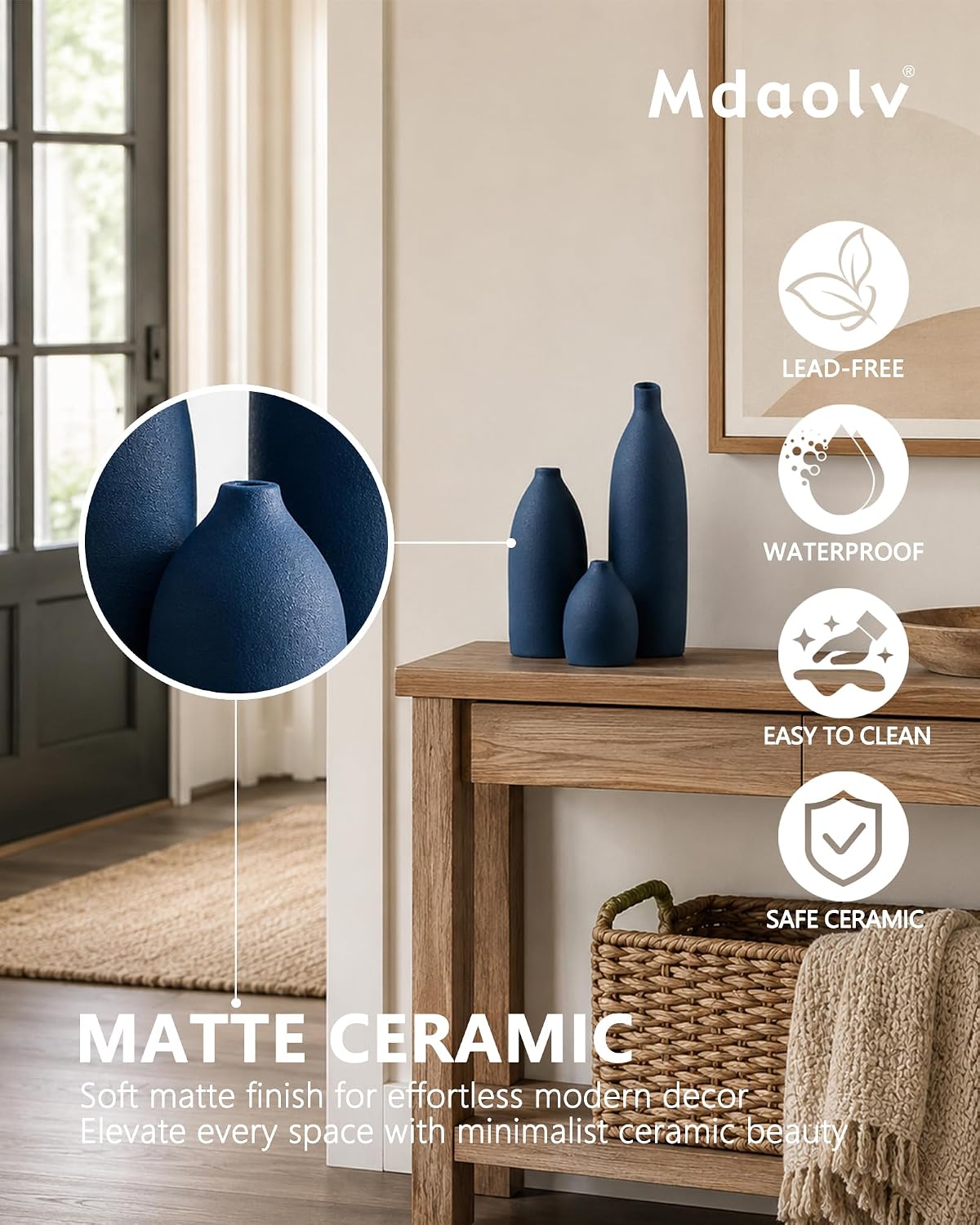 Mdaolv Matte Blue Vase Set Navy Blue Decor Coastal Decor Vases for Kitchen Island Living Room Office Table Fireplace Mantle Decorations & Bathroom Shelf Decor Centerpiece Table Decorations Ceramic