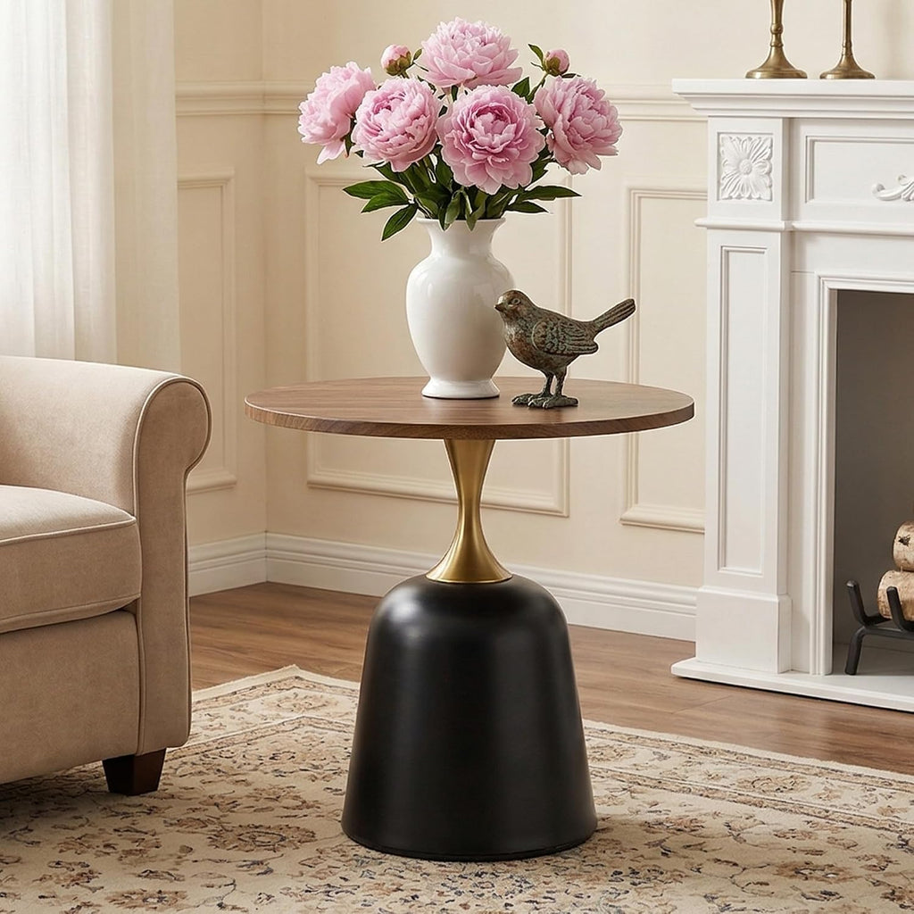 Round Side Table, 23.6 Inch, Walnut Wood Top with Black and Gold Metal Base, Modern Living Room End Table