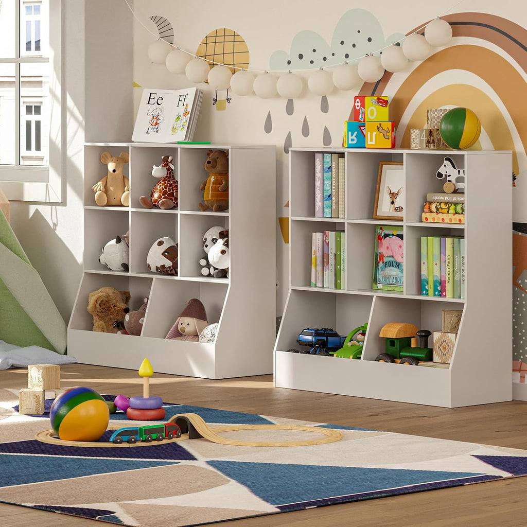 DINZI LVJ Toy Storage Organizer, Kids Bookshelf, Wood Toy Storage Cabinet, 3-Tier 8 Cubby Children Bookcase, 35.4" L Toddler Book Shelf for Playroom, Living Room, Nursery, Hallway, Classroom, White