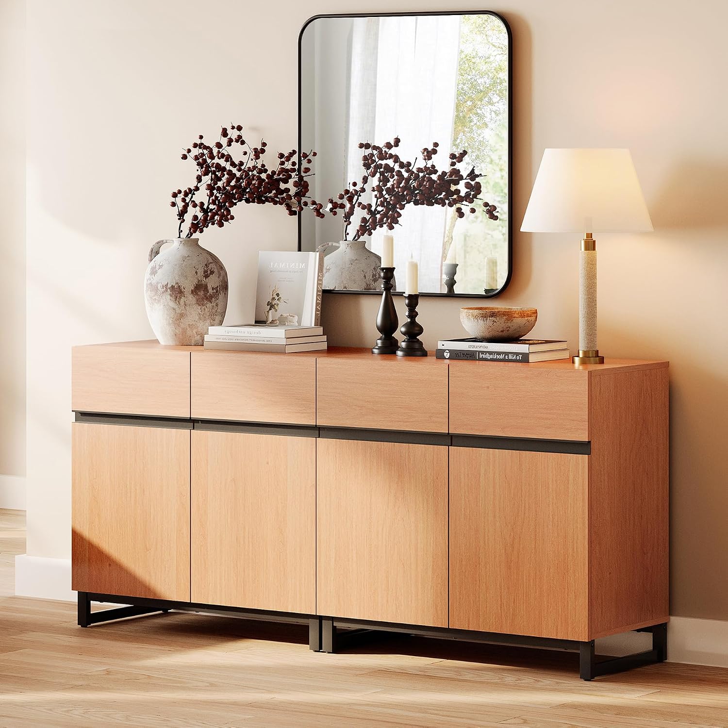 WAMPAT Sideboard Buffet Cabinets, Modern Sideboard with Adjustable Shelf and Metal Base, Coffee Bar Cabinet Storage Cabinet for Living Room, Kitchen, 2Pcs, Mocha