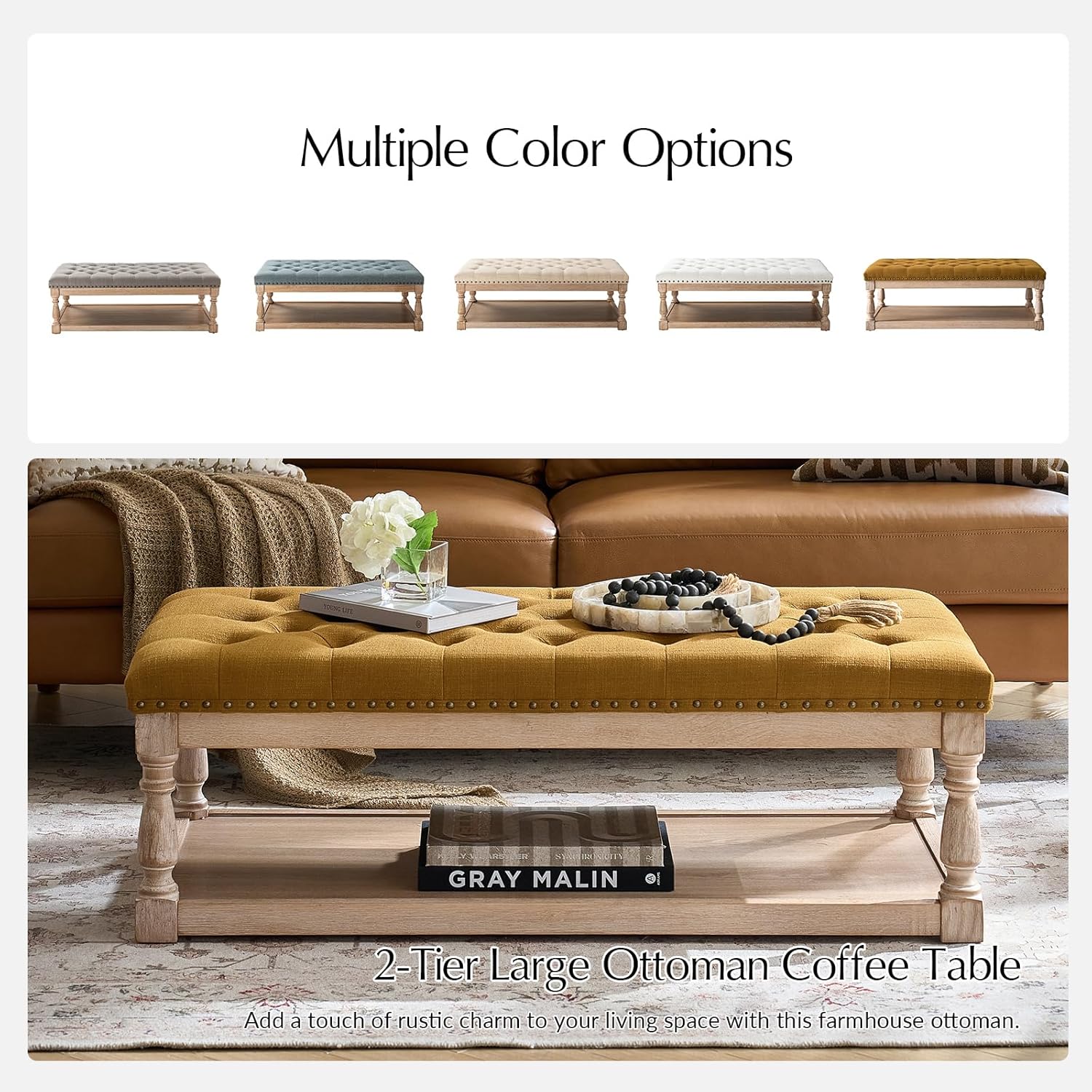 HULALA HOME Rectangle Ottoman Coffee Table with Tray, Tufted Living Room Ottoman with Solid Wood Storage Shelf, Golden