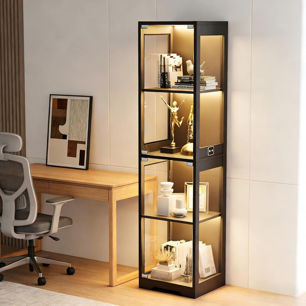 BROTTAR Small Glass Display Cabinet, 4-Tier Curio Cabinets with 3 Color Lights for Collectibles, Storage Cabinet with Door, Glass Display Case & Bookcase with Human Body Sensor, Black