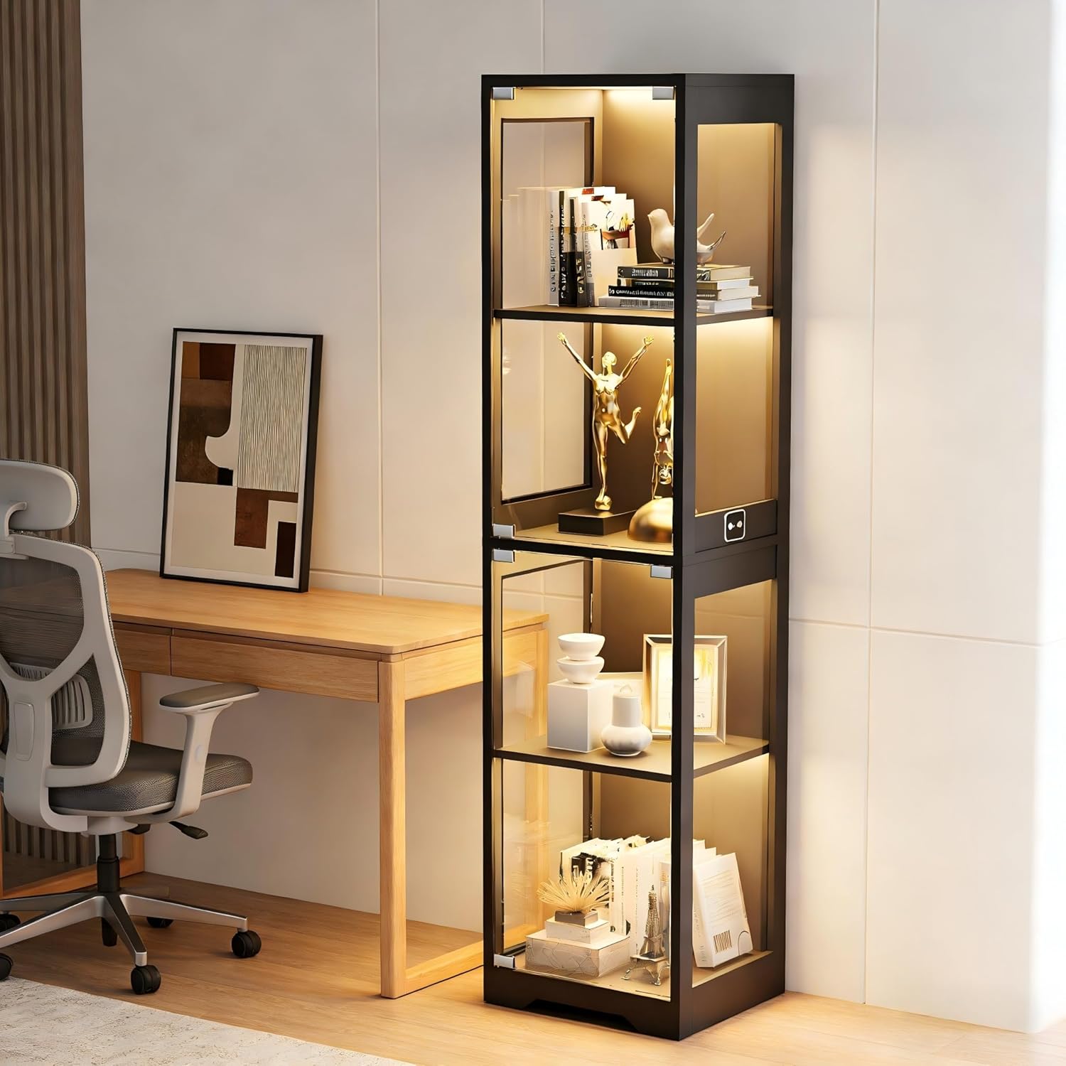 BROTTAR Small Glass Display Cabinet, 4-Tier Curio Cabinets with 3 Color Lights for Collectibles, Storage Cabinet with Door, Glass Display Case & Bookcase with Human Body Sensor, Black