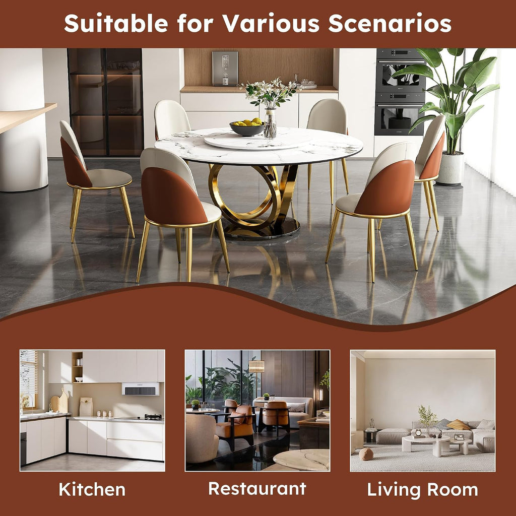 9-Pcs Round Dining Table Set with 31.5" Removable Lazy Susan, Modern Marble Dining Room Table Set of 8, Luxury 59" D Sintered Stone Dining Table with 8 Chairs and Stainless Steel Base for Home Kitchen