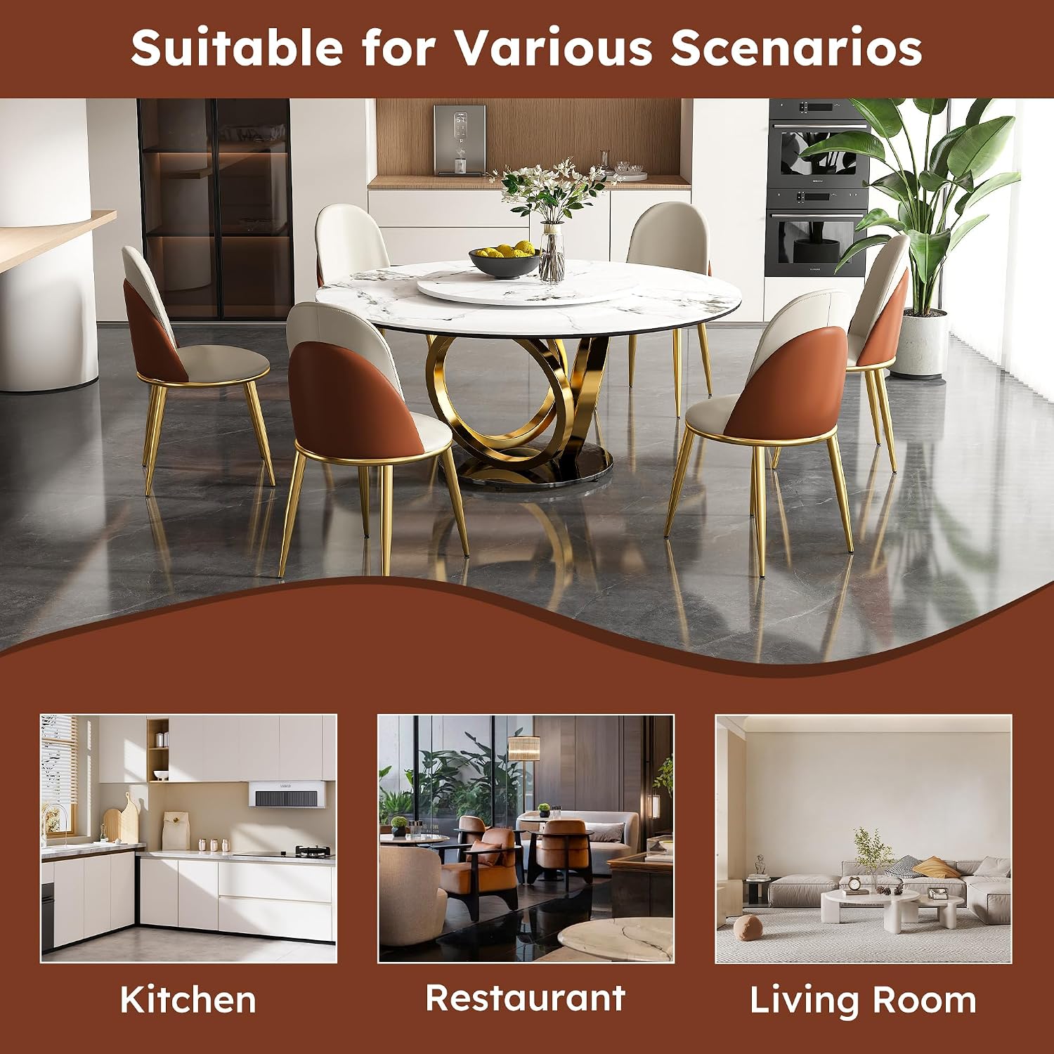 9-Pcs Round Dining Table Set with 31.5" Removable Lazy Susan, Modern Marble Dining Room Table Set of 8, Luxury 59" D Sintered Stone Dining Table with 8 Chairs and Stainless Steel Base for Home Kitchen