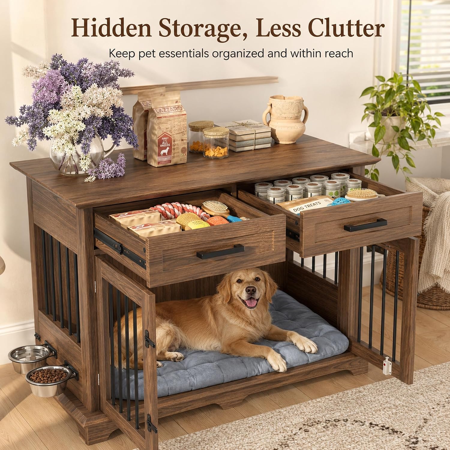 44.48" Large Dog Crate Furniture End Table (Brown) | 2 Storage Drawers, Rotating Removable Bowls, Lockable Double Doors, Reinforced Metal Bars