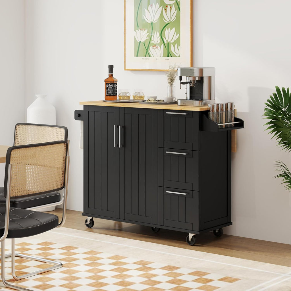 Yaheetech Kitchen Island Cart with Drop Leaf, Kitchen Breakfast Bar on 5 Universal Wheels with Storage Cabinet, Rubberwood Top, 3 Drawers, Spice Rack for Dining Room, 49W x 29.5D x 36H, Black