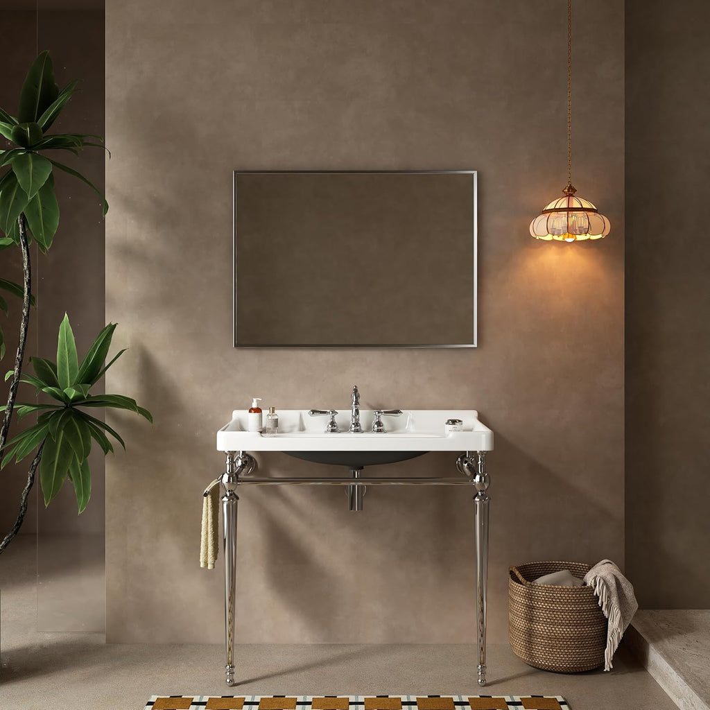 Yayzy 36” Bathroom Vanity with White Ceramic Sink, Wall-Mounted Console Style, Silver-Finish Stainless Steel Legs & Towel Bar, 3 Faucet Holes, No Faucet