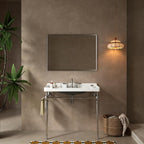 Yayzy 36” Bathroom Vanity with White Ceramic Sink, Wall-Mounted Console Style, Silver-Finish Stainless Steel Legs & Towel Bar, 3 Faucet Holes, No Faucet