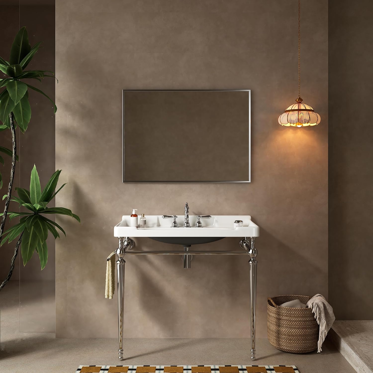 Yayzy 36” Bathroom Vanity with White Ceramic Sink, Wall-Mounted Console Style, Silver-Finish Stainless Steel Legs & Towel Bar, 3 Faucet Holes, No Faucet