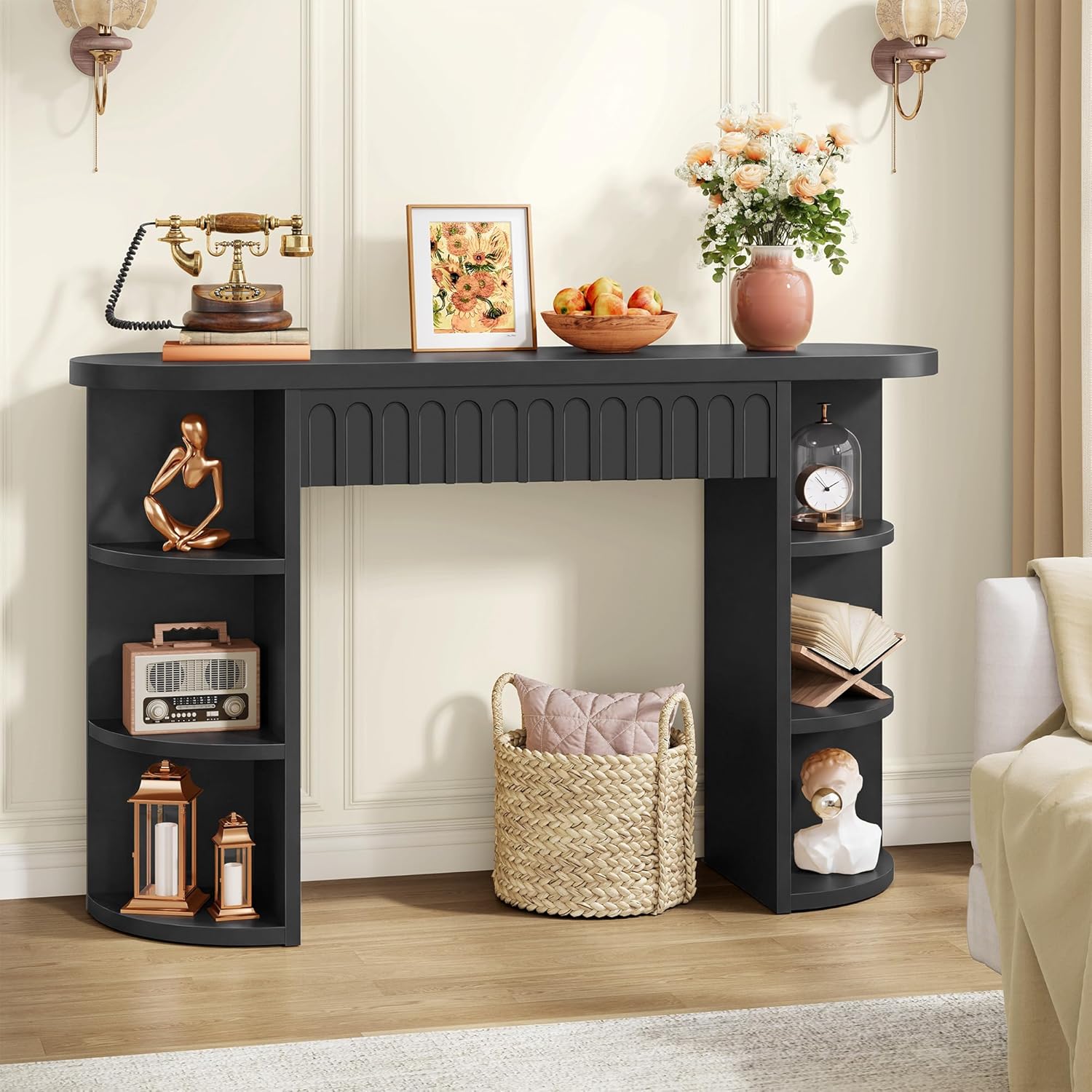 Hoctieon Fluted Console Table with Storage, Entryway Table with Side Storage Shelves, Narrow Sofa Tables Behind Couch, Hallway Tables for Living Room, Entrance, Foyer, Black