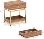 Modern End Table with Drawer and Open Shelf, 2-Tier Nightstand for Living Room,Bedroom or Small Spaces, Sofa Side Table with Metal Frame, Walnut