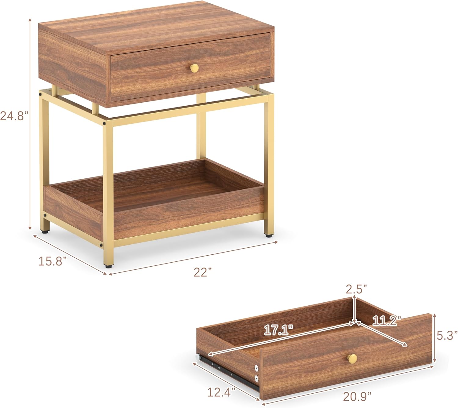 Modern End Table with Drawer and Open Shelf, 2-Tier Nightstand for Living Room,Bedroom or Small Spaces, Sofa Side Table with Metal Frame, Walnut