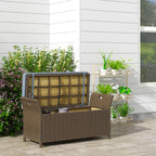 27 Gallon Wicker Storage Bench, Outdoor Woven Rattan Garden Storage Box with Handles and Cushion, Blue