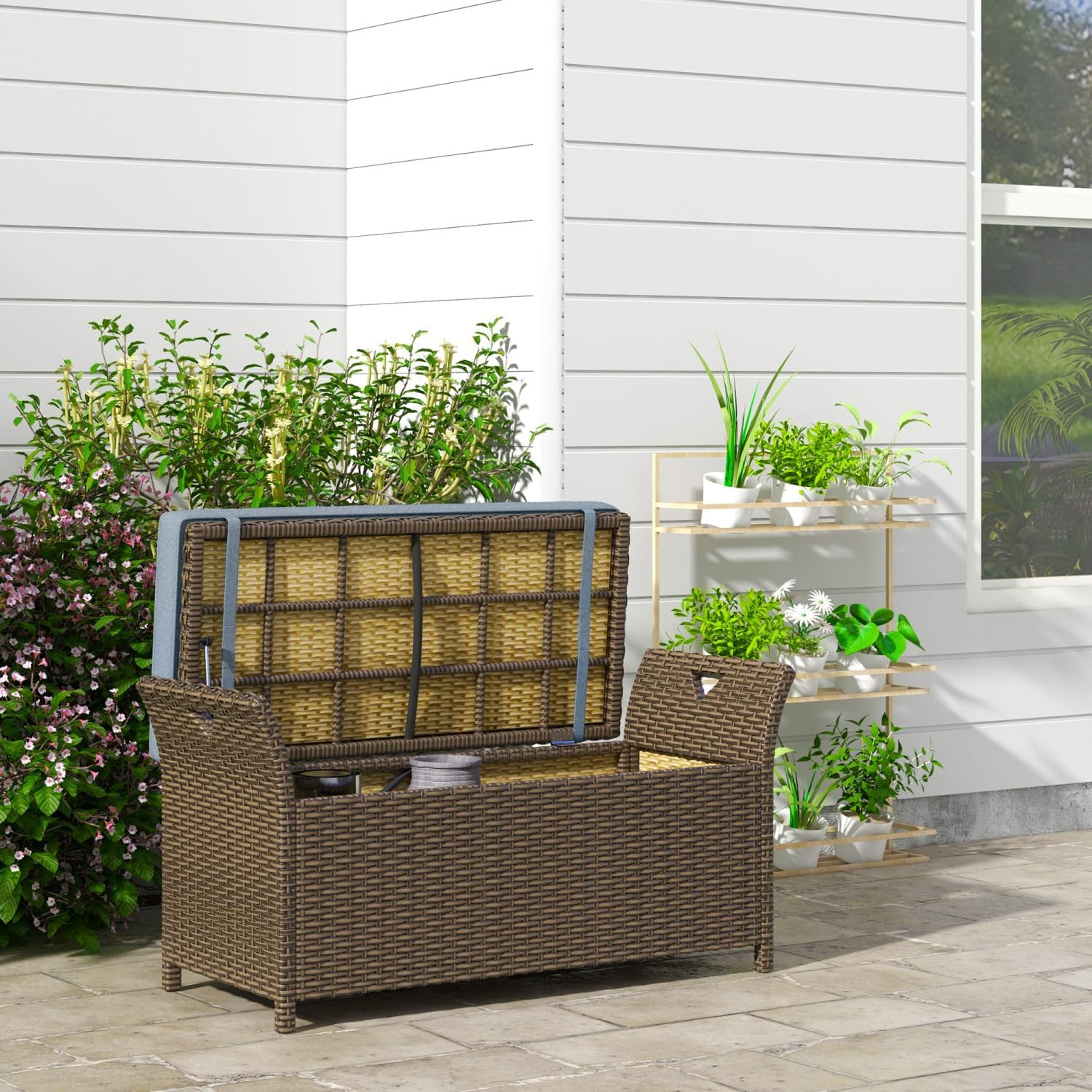 27 Gallon Wicker Storage Bench, Outdoor Woven Rattan Garden Storage Box with Handles and Cushion, Blue