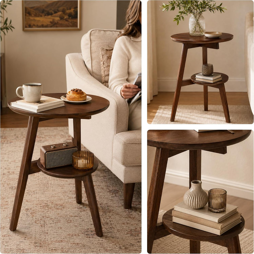 Side Table, 2-Tier Round Solid Wood End Table, Mid Century Modern Couch Side Table/Nightstand, Oak Accent Table for Small Space, Bedrooms, Living Room(Walnut)