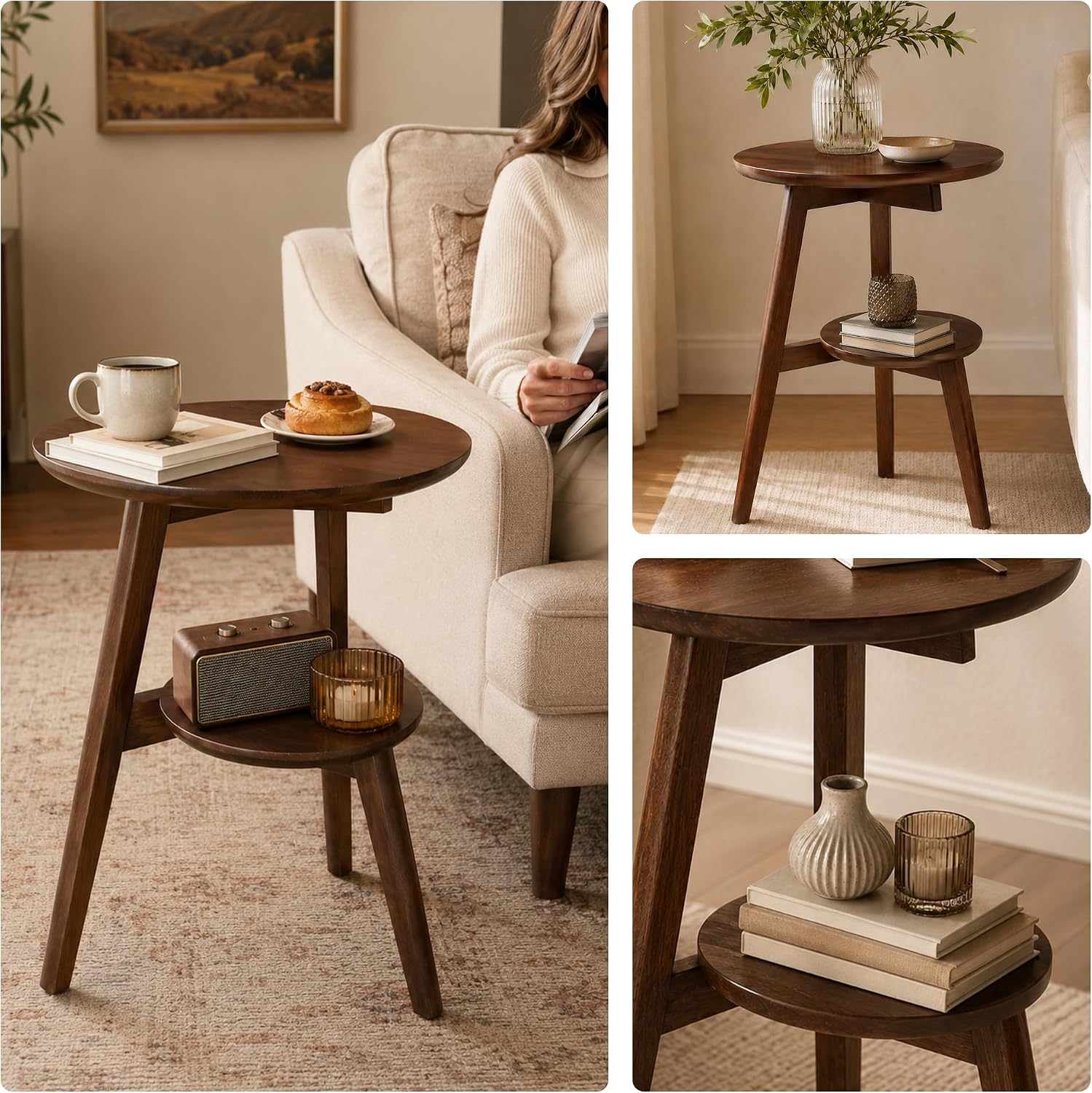 Side Table, 2-Tier Round Solid Wood End Table, Mid Century Modern Couch Side Table/Nightstand, Oak Accent Table for Small Space, Bedrooms, Living Room(Walnut)