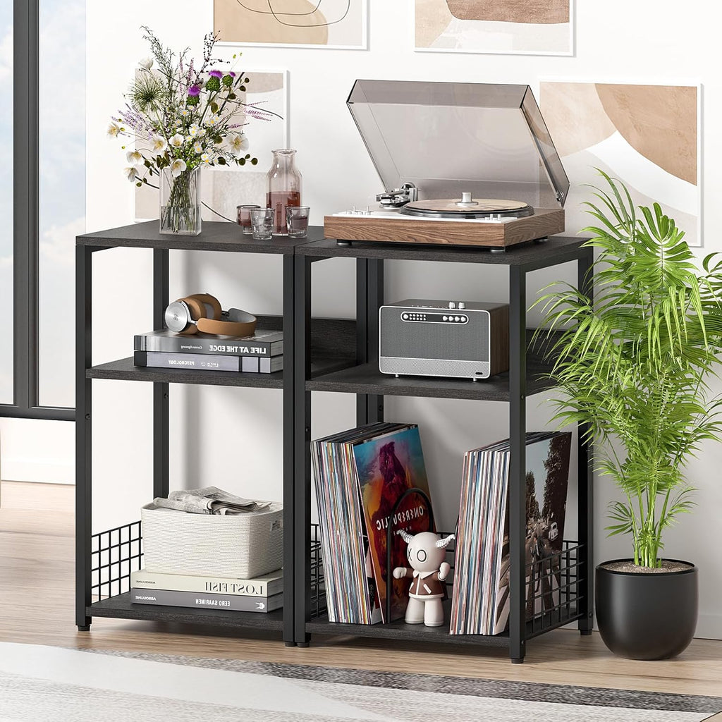 LELELINKY Large Rustic Grey Record Player Stand, 3 Tier 18" Wide Big End Table with Vinyl Storage Up to 130 Albums, Industrial Turntable Printer Tables, Modern Side Tables for Living Room, Office