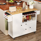 knoworld Rolling Kitchen Island with Storage Cabinet, 41.3'' Width Kitchen Cart with Desktop Drop Leaf Countertop, Portable Mobile Island with Towel Rack, Spice Rack Shelf, White
