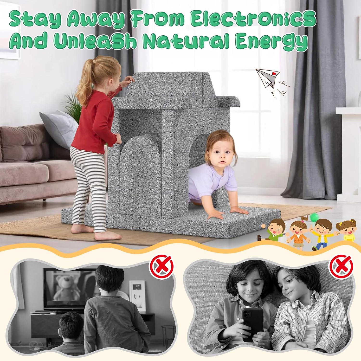 Modular Kids Play Couch with Washable Covers – Foam Toddler Sofa for Creative Play, Climbing, and Lounging – Convertible Kid Sofa Play Furniture for Kids Room or Nursery (Grey)