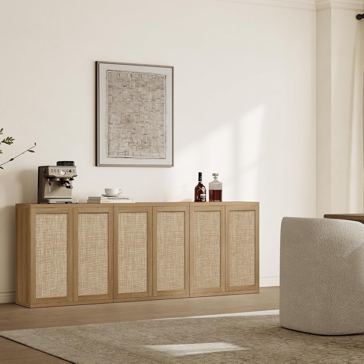 SICOTAS Rattan Sideboard Buffet Storage Cabinet - Farmhouse Boho Coffee Bar Cabinet with Adjustable Shelves, Large Console Table Credenza Stand for Living Room, Dining Room, Entryway, Oak (3 PCS)