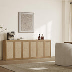 SICOTAS Rattan Sideboard Storage Cabinet - Boho Credenza Coffee Bar Cabinet with Doors & Adjustable Shelves, Large Farmhouse Buffet Console Table for Living Room, Kitchen, Entryway
