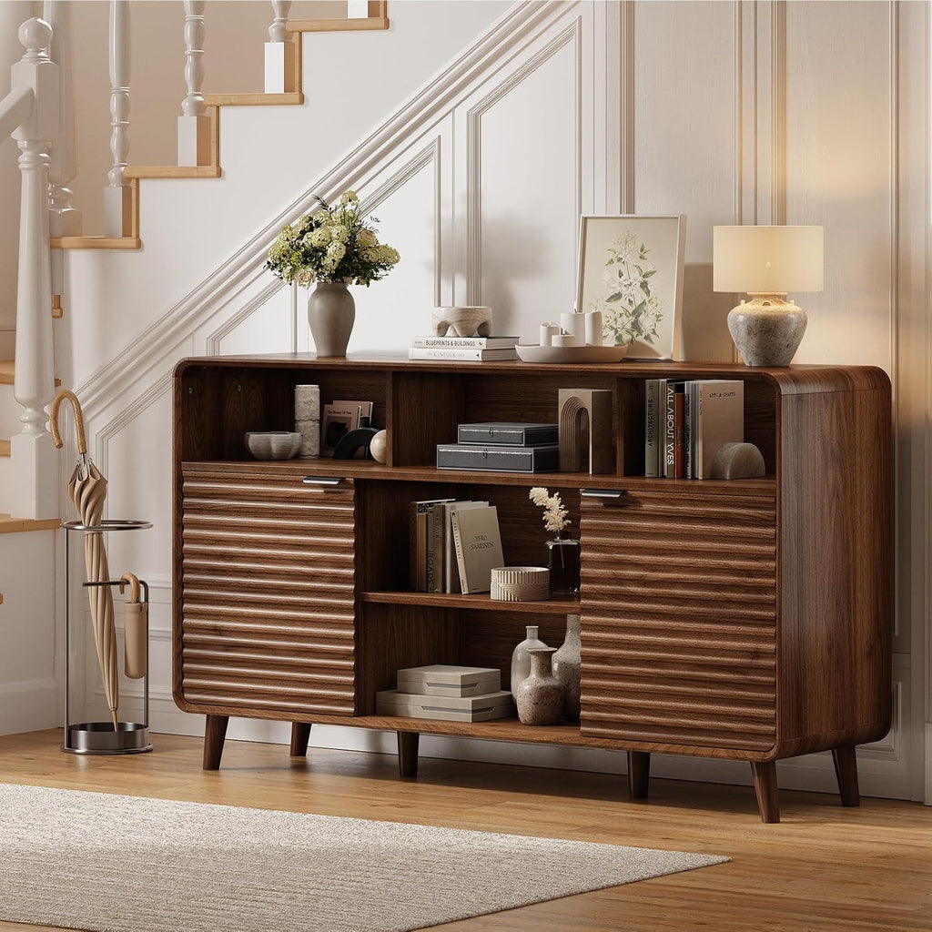 58 Inch Buffet Cabinet with Storage, Curved Buffet Sideboard w/2 Wave Doors, Open Storage Shelf, Adjustable Shelves, Wooden Coffee Bar Cabinet for Kitchen, Living Room, Walnut