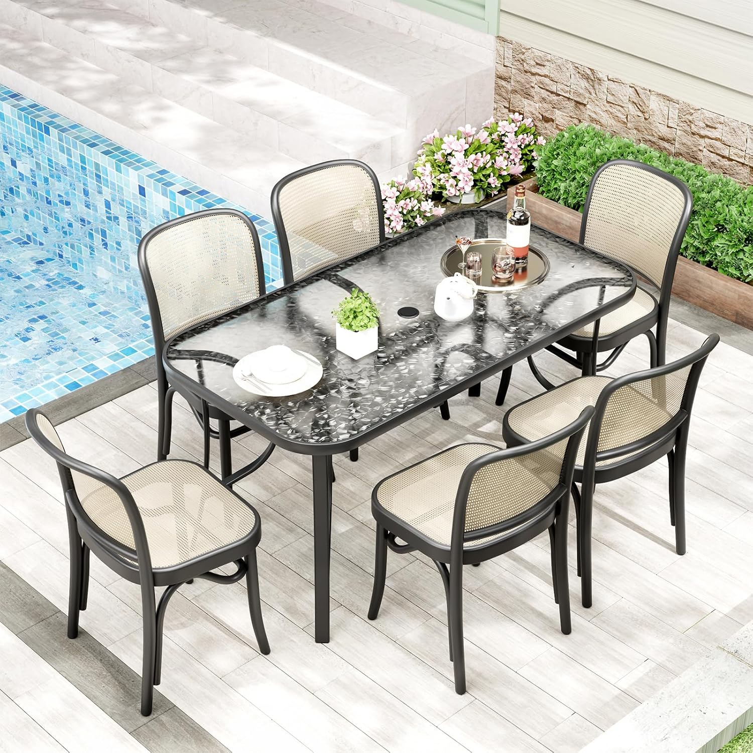 TLSUNNY Patio Outdoor Table W/ 1.69″ Umbrella Hole, 30"X 55" Rectangular Tempered Glass Patio Dining Table for 6, Outdoor Metal Furniture, All-Weather Use, for Patio, Graden, Backyard (Black)