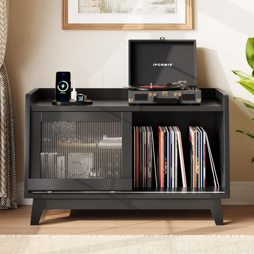 iPormis Record Player Stand with Vinyl Storage Up to 200 Albums, Record Player Table with Sliding Doors, Charging Station, Adjustable Shelf, Turntable Stand with Record Storage for Living Room, Black