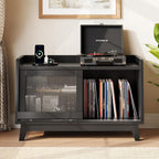 iPormis Record Player Stand with Vinyl Storage Up to 200 Albums, Record Player Table with Sliding Doors, Charging Station, Adjustable Shelf, Turntable Stand with Record Storage for Living Room, Black