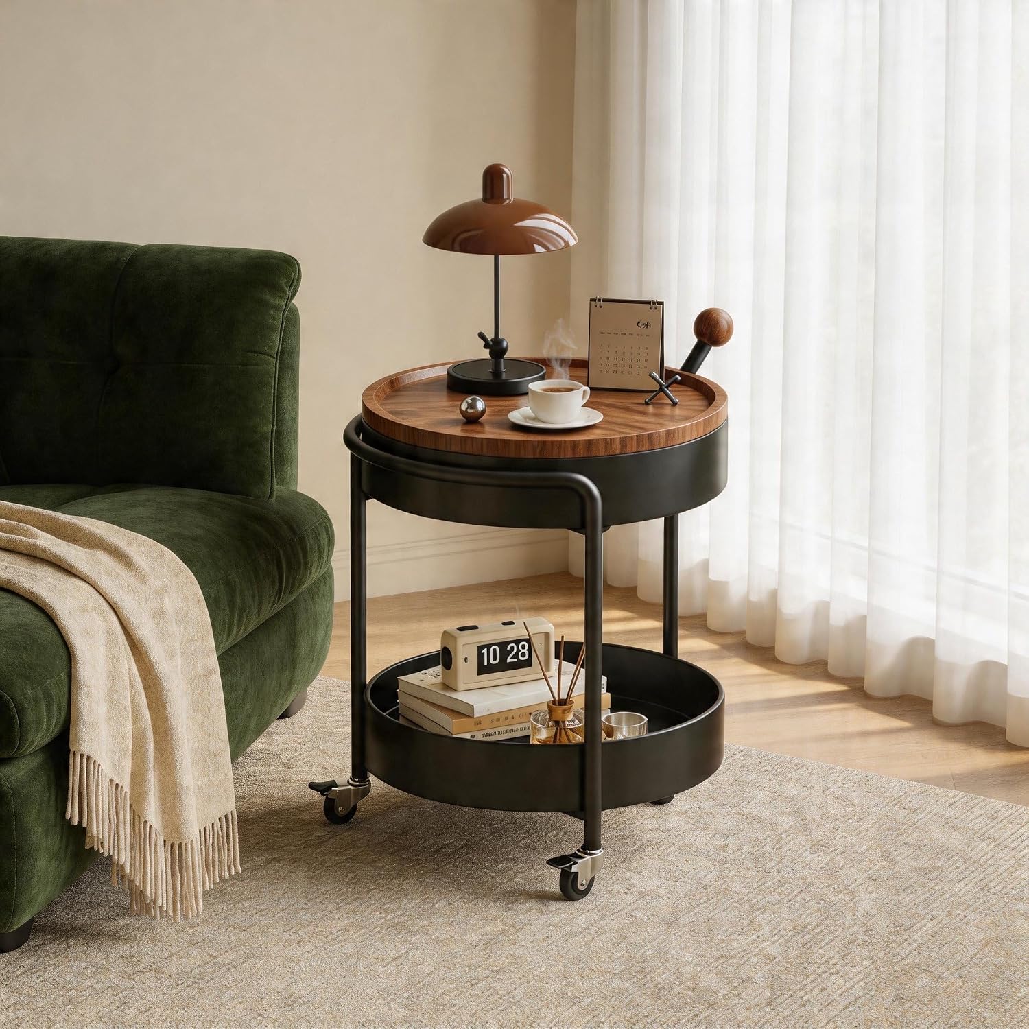 Mid-Century Modern Round Side Table, 2-Tier Mobile Sofa End Table with Rotatable Expandable Solid Wood Tabletop, Metal Frame Rolling Nightstand with Wheels for Living Room Bedroom，Black & Walnut