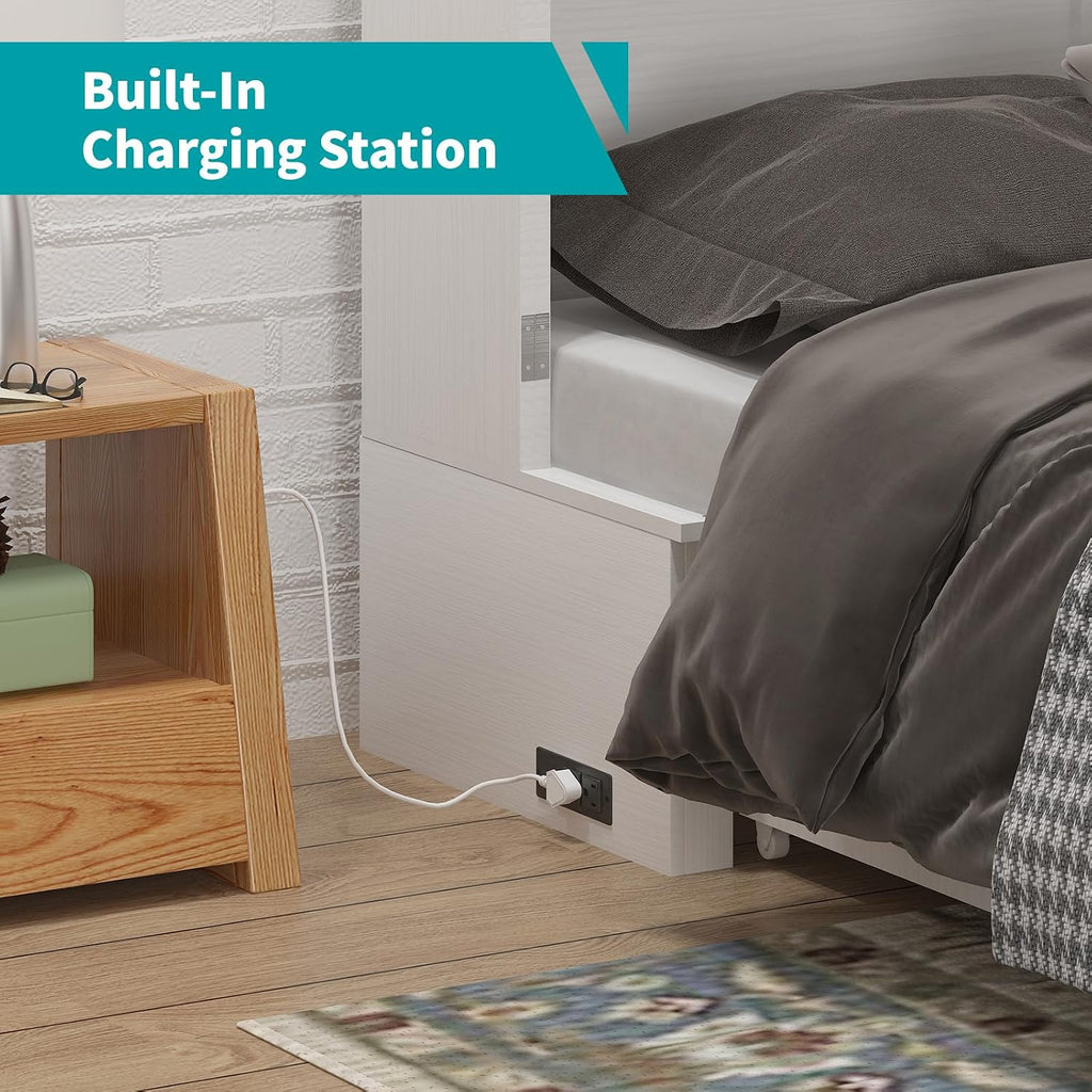 BALUS Queen Murphy Bed with Tri-Fold Memory Foam Mattress, Built-in USB Charging Station, Modern Wall Bed Cabinet with Storage Drawers, Murphy Chest Cube Guest Beds for Living Room Apartment, White