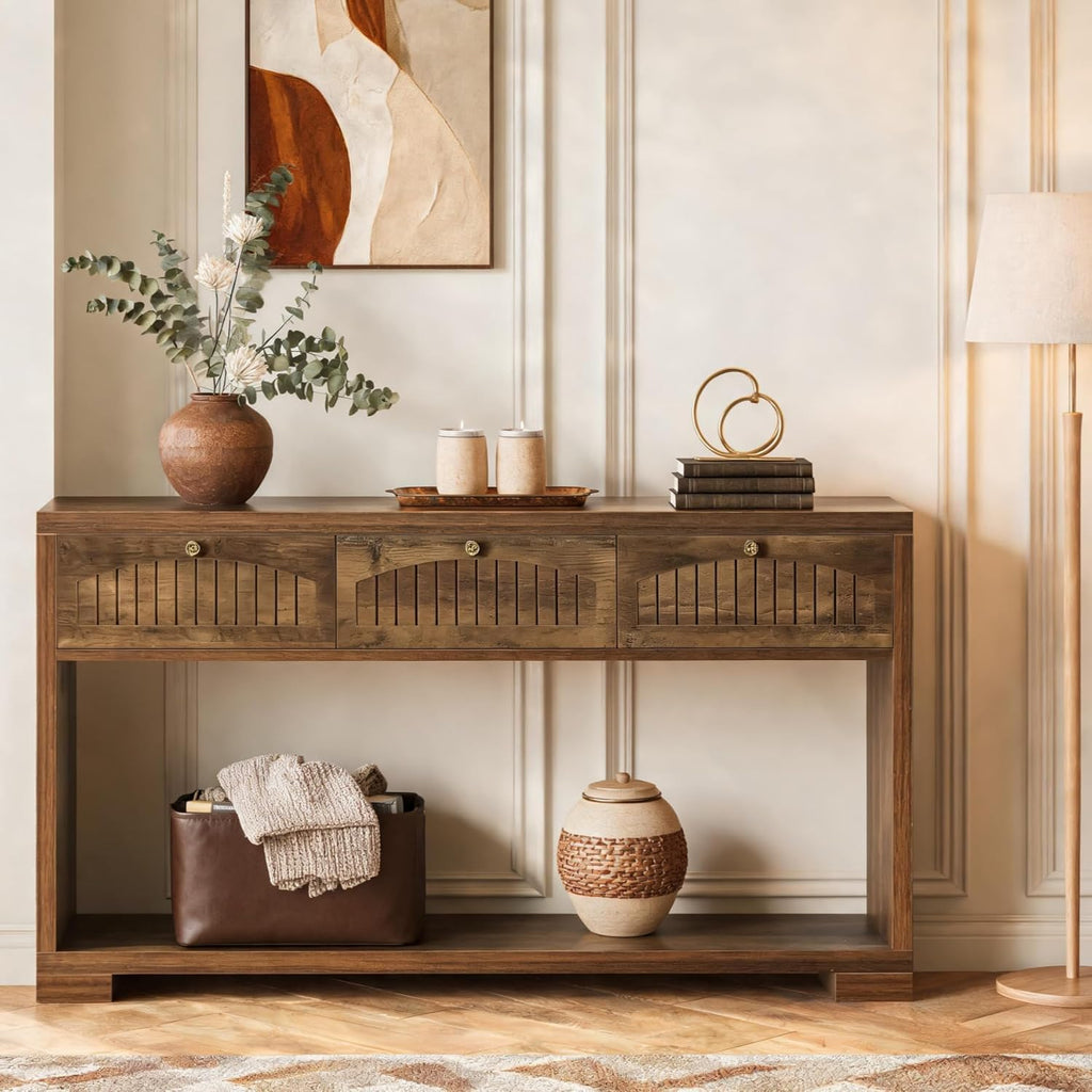 LITTLE TREE Long Entryway Table with 3 Drawers, 70 Inches Farmhouse Console Table for Entry, Behind Sofa, Foyer, Hallway, Behind Couch, Entrance with 2-Tier Storage Shelves, Rustic Brown