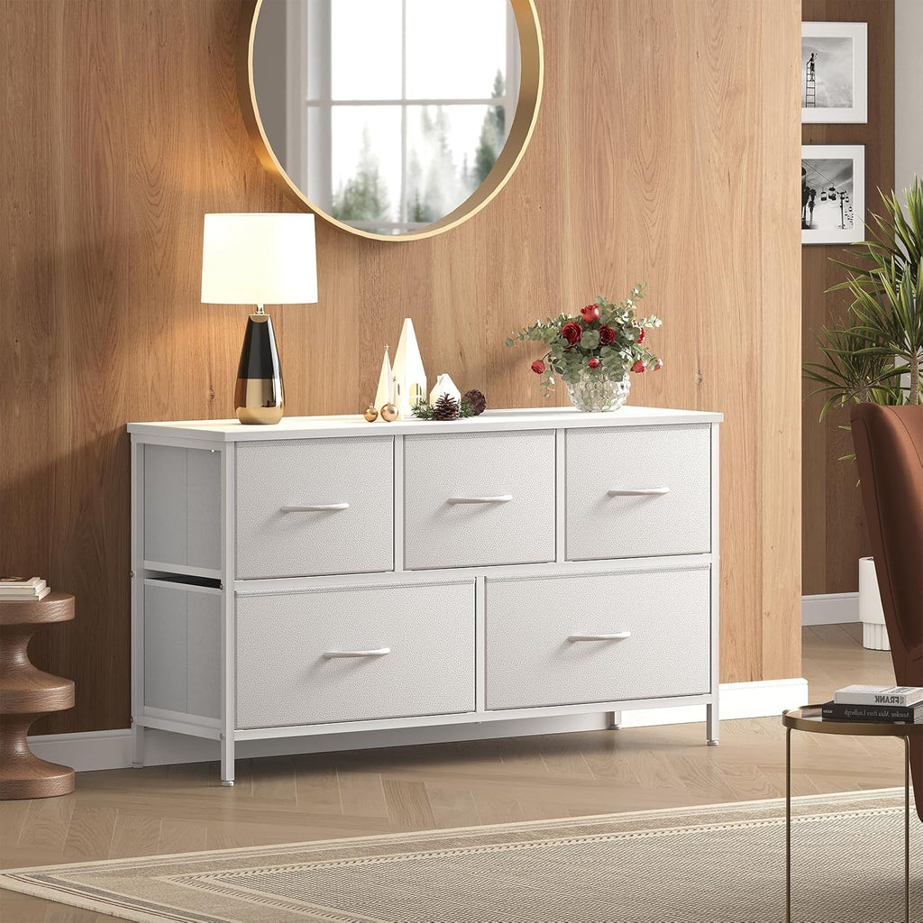 OLIXIS Dresser for Bedroom with 5 Drawers, Wide Chest of Drawers, Fabric Bedroom Dresser with Drawer Organizers, Storage Organizer Unit with Fabric Bins for Closet, Living Room, Hallway,White