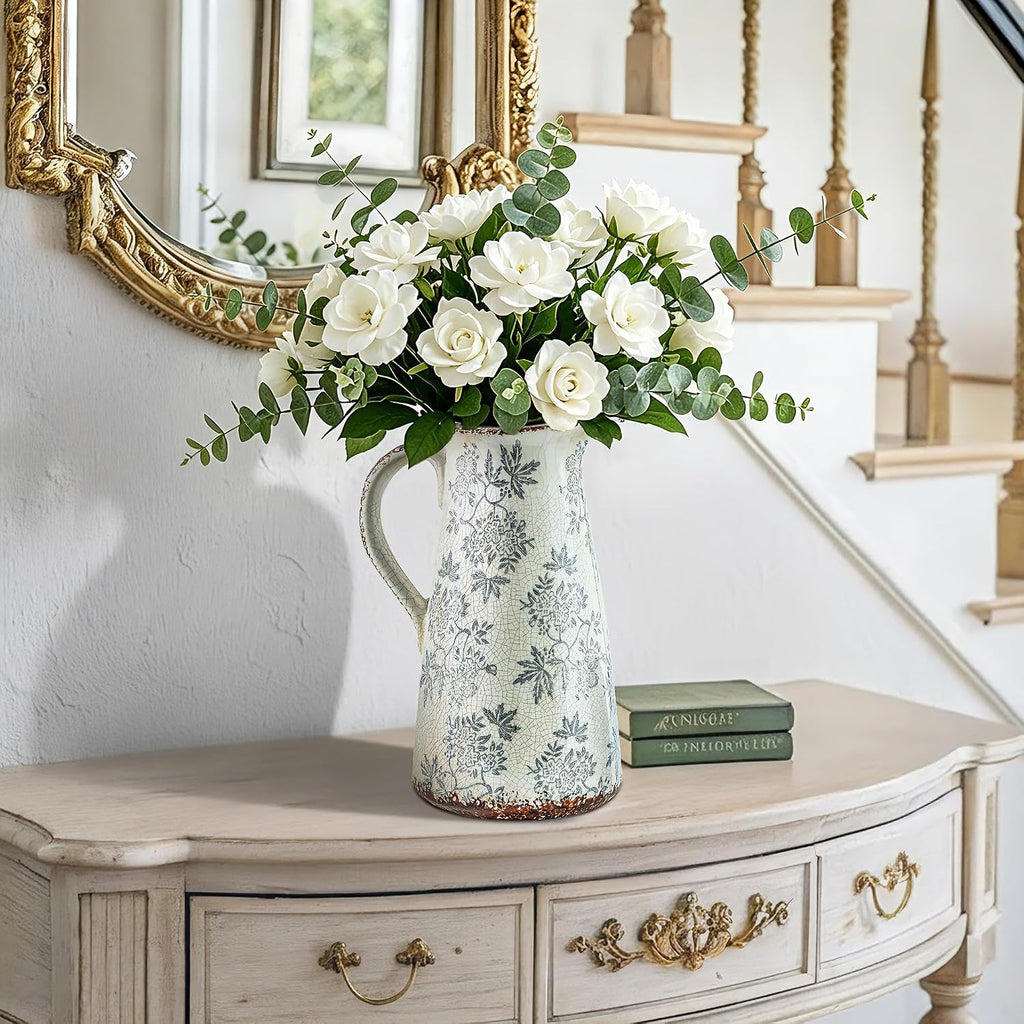 Enra 12.2" Blue and White Ceramic Vase with Handle – Handcrafted Large Chinoiserie Pitcher Vase for Fresh Flowers, Tall Decorative Vase for Living Room Focal Point, Bookshelf & Floor Accent